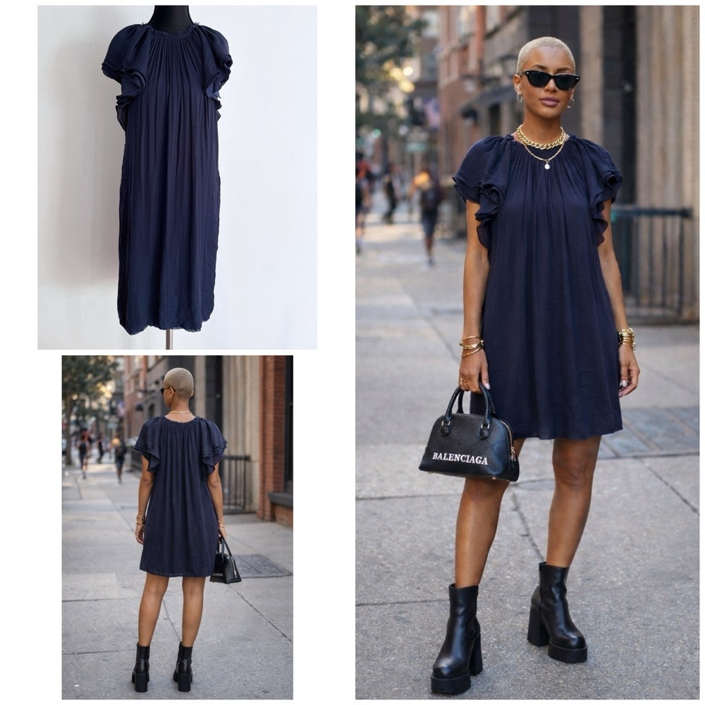 Authentic Lanvin Pleated Neckline Flutter Sleeves Shift Navy Blue Mini Dress 38​